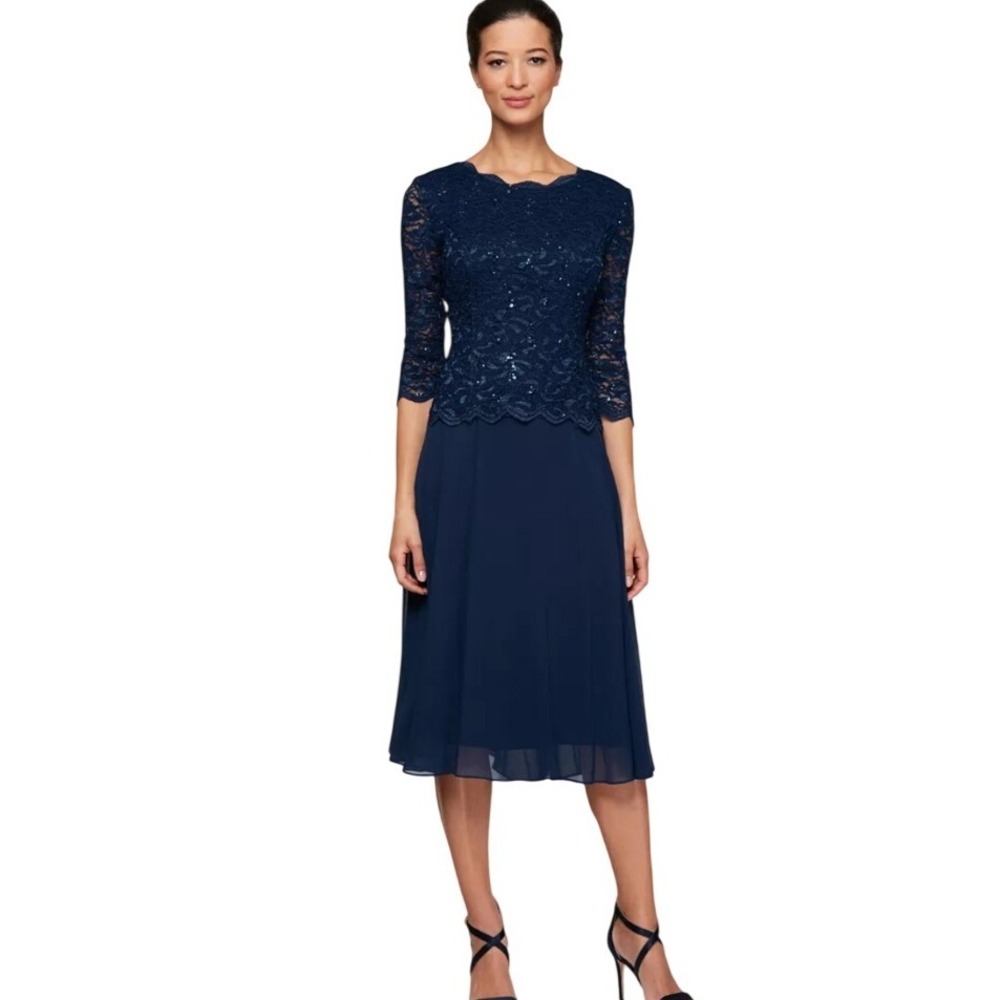 Alex Evenings Navy Blue Sequined Lace Chiffon Tea Length Dress Size 10 NWT $189